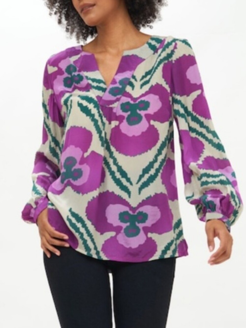 Oliphant Patola Purple Floral V Neck Blouse Shirt Top
